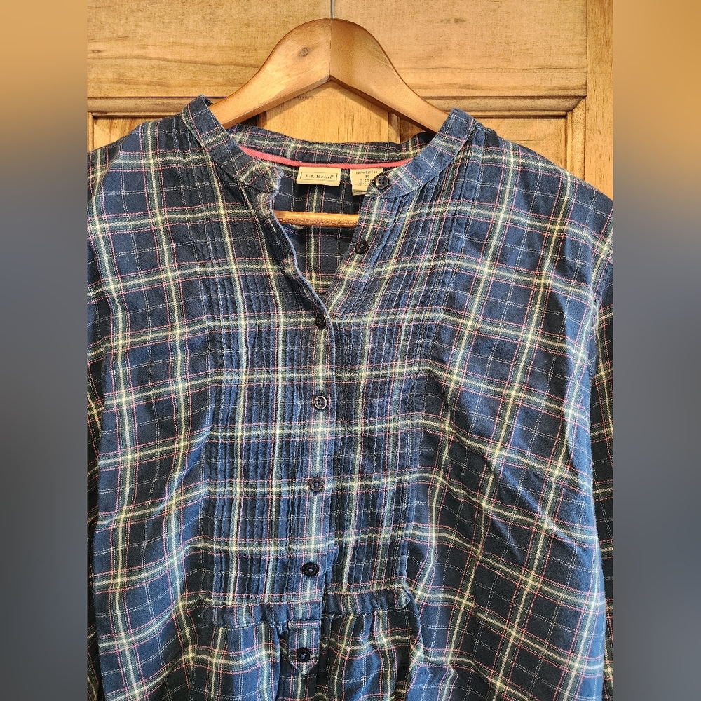 L.L. Bean Blue Plaid Long-Sleeve Blouse - Picture 2 of 4